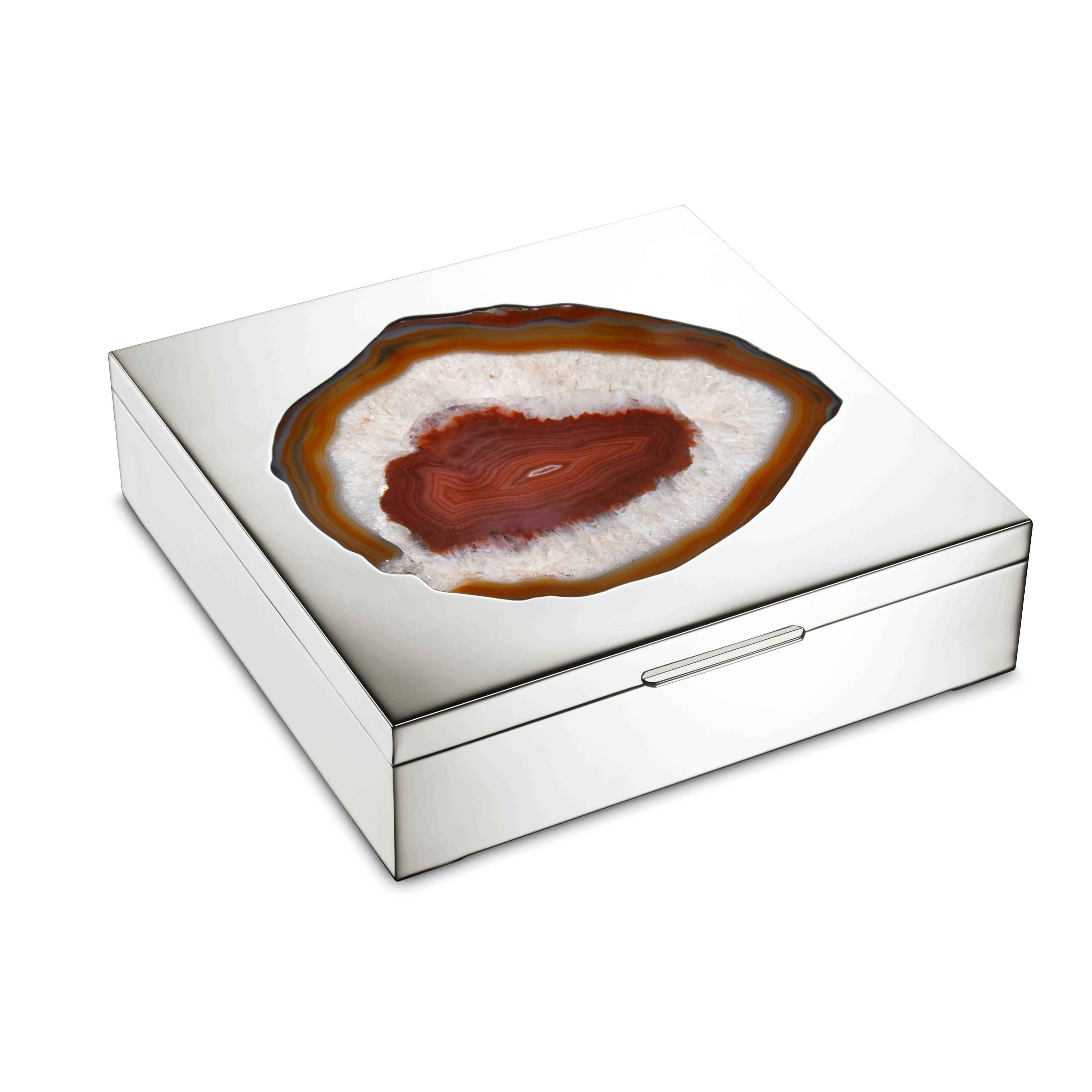 Handmade 925 sterling silver box with brown agate and wooden interior