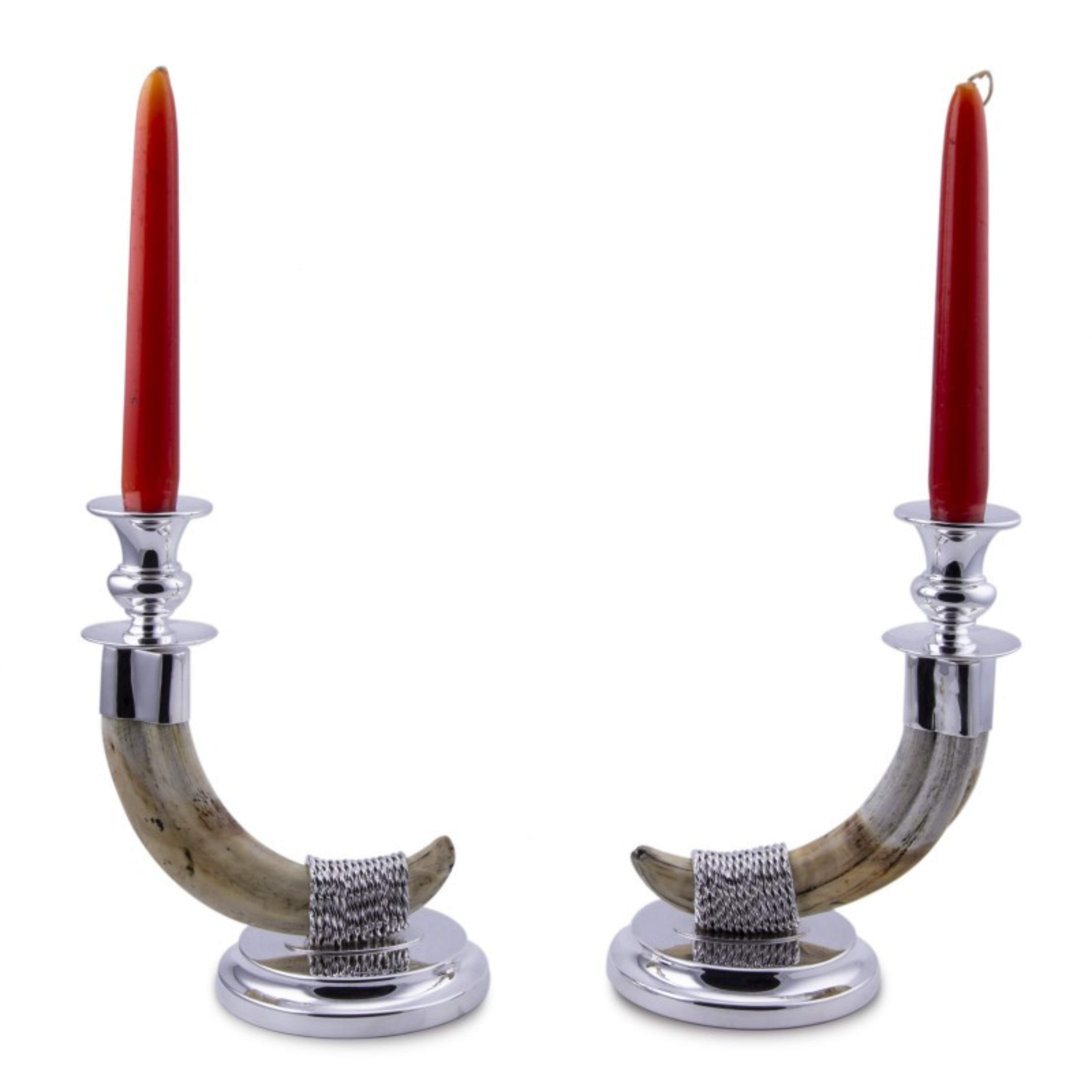 Pair of 925 sterling silver candlesticks with warthog tusk